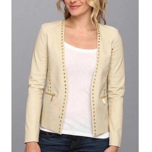 MICHAEL Michael Kors Size 10 Sand Beige with Gold Grommet Cutaway Blazer Jacket - Picture 1 of 16
